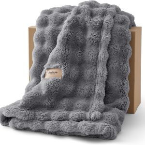 Bedsure 3D Fleece Bubble Blanket for Couch – GentleSoft Grey Throw Blanket for Sofa Bed Room Decor – Luxury Soft Cozy Fathers Gifts for Men Dad, Lightweight, All Seasons, Grey, 50″×60″
