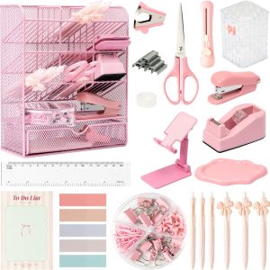 WATINC Pink Desk Organizer Accessories – 21pcs Aesthetic Office School Storage Supplies with Mesh Desk Organizer, Bow Pen Holder, Tape Dispenser, Ruler, Clip, Phone Stand Stationery Kit for Girl Women