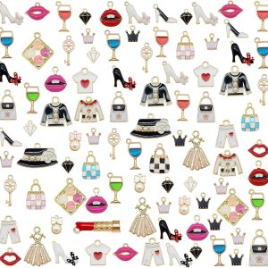 Julie Wang 100Pcs (50pairs) Enamel Alloy Charms Fashion Women Lipstick Purse High Heel Shoes Pendants for Jewelry Making Earrings Bracelets Craft DIY