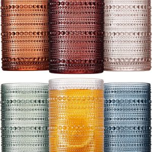 Mfacoy Colored Hobnail Drinking Glasses Set of 6, 12oz Vintage Kitchen Glassware, Embossed Beaded Glass Cups, Water Glasses, Beaded Colorful Water Tumbler for Cocktail, Juice and Various Mixed Drinks