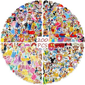 200Pcs Kids Stickers Pack Princess Stickers Cute Cartoon Characters Deals Movie Decal Childrens Decorative Sticker for Kids Teens Adults Waterproof Sticker for Water Bottle Laptop Luggage