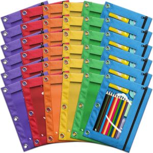 Pencil Pouch for 3 Ring Binder, Bulk 36 Pack 3-Holes Zipper Pencil Pouches in Assorted Colors, Sturdy and Durable Cloth Pencil Holder with Clear Window for Office School College Supplies (36)
