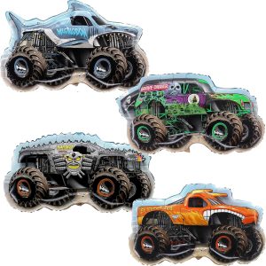 Toyland® Pack Of 4 Monster Jam Truck Foil Balloons – Grave Digger, El Toro Loco, Max D & Megalodon Shaped Character Balloons
