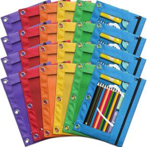Pencil Pouch for 3 Ring Binder, Bulk 24 Pack 3-Holes Zipper Pencil Pouches in Assorted Colors, Sturdy and Durable Cloth Pencil Holder with Clear Window for Office School College Supplies