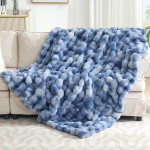 VFROO Ultra Plush Bubble Faux Rabbit Fur Blanket – 950GSM Thick Fluffy Throw Blanket for Bed, Couch, Sofa, or Gift, 50″ × 60″, Tie-dye Blue